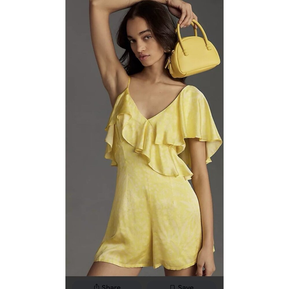 Anthropologie L Corey Lynn Calter One-Shoulder Ruffle Shorts Romper Yellow NWT